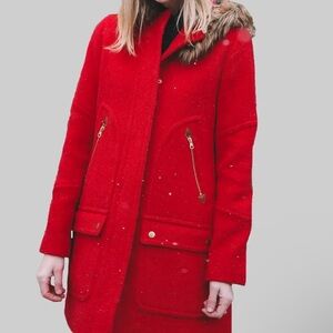 J. Crew Red Utility Jacket with Fur Trim